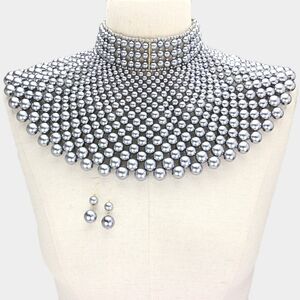 Statement Silver Pearl Collar Necklace and Earrings Set